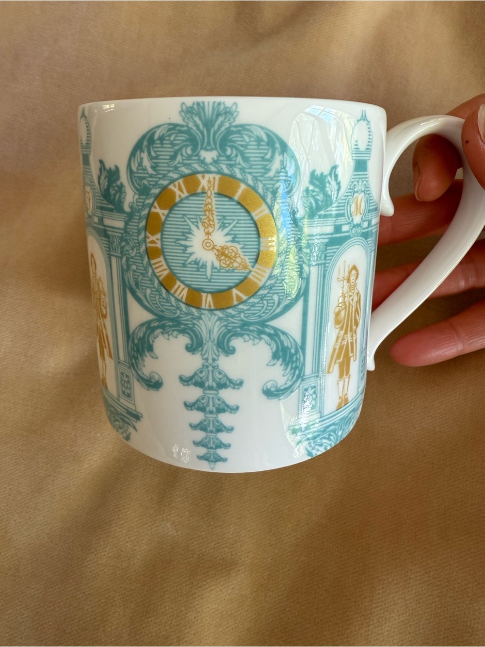 Porcelain Mug with Teal and Gold Clock Motif